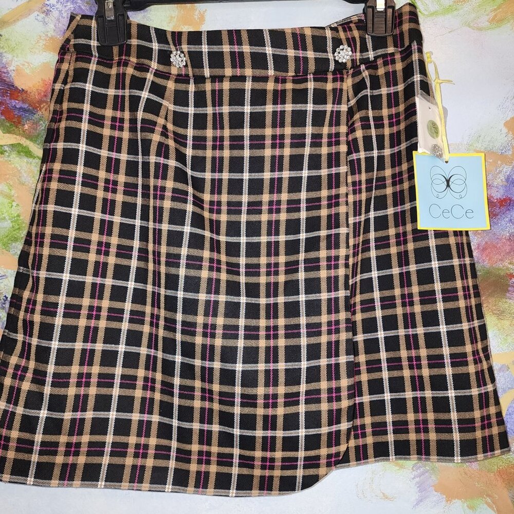 NWT Plaid A-Line Mini Wrap Skirt With Embellished Buttons and Back Zip-CeCe